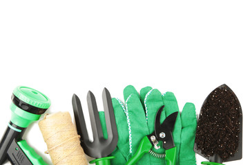 Gardening tools isolated on white background, top view