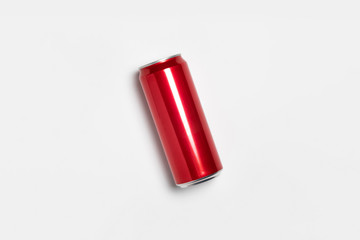Aluminum red Soda Can Mock-up isolated on light gray background.High resolution photo.Top view.