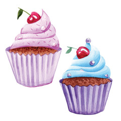 watercolor cupcake with strawberry and blueberry on white isolated background
