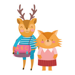 back to school, fox deer with clothes and bag cartoon