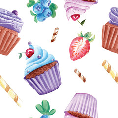 watercolor cupcakes seamless pattern with isolated elements on white background