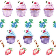 watercolor cupcakes seamless pattern with isolated elements on white background