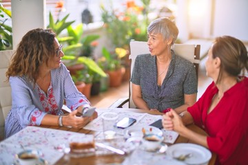 Meeting of middle age women having lunch and drinking coffee. Mature friends smiling happy using smartphone at home on a sunny day