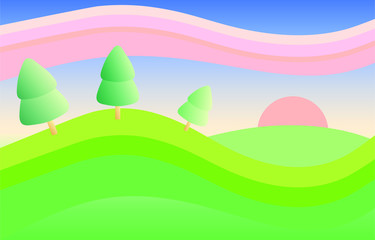 vector illustration of an abstract landscape with trees, hills, clouds and sun