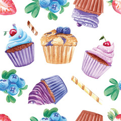 watercolor cupcakes seamless pattern with isolated elements on white background