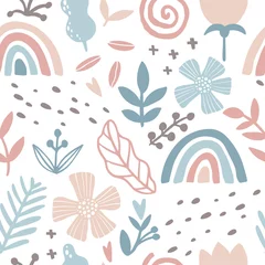 Wallpaper murals Rainbow Rainbow floral seamless pattern. Abstract tile in hand-drawn simple doodle cartoon style. Scandinavian vector illustration in pink-blue pastel palette