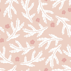 Floral seamless pattern with arugula leaves. Hand drawn illustration in simple scandinavian style. Minimalism in a limited pastel color. ideal for printing on fabric, textiles, packaging, 