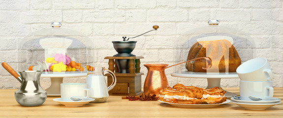Fototapeta na wymiar Still life panorama with coffee mug, cake, with a eclairs, with marshmallow.
