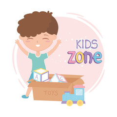 kids zone, cute little boy with filled box toys