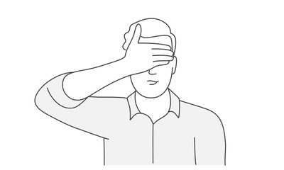 Man covered his eyes with his hand. Hand drawn vector illustration.