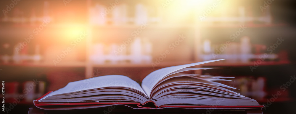 Poster stack of books in the library and blur bookshelf background