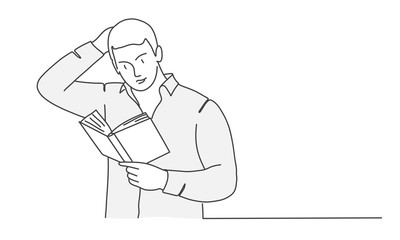 Man or student looks at the book and scratches his head with his hand. Hand drawn vector illustration.
