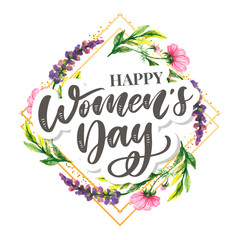 Woman s Day text design with flowers and hearts on square background. Vector illustration. Woman s Day greeting calligraphy design in pink colors. Template for a poster, cards, banner.