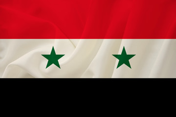 beautiful photograph of the national flag of Syria on delicate shiny silk with soft draperies, the concept of state power, country life, horizontal, close-up, copy space
