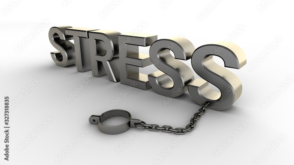 Poster stress text with chain and shackles isolated on a white background. 3d-rendering.