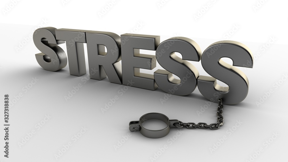 Poster stress text with chain and shackles isolated on a white background. 3d-rendering.