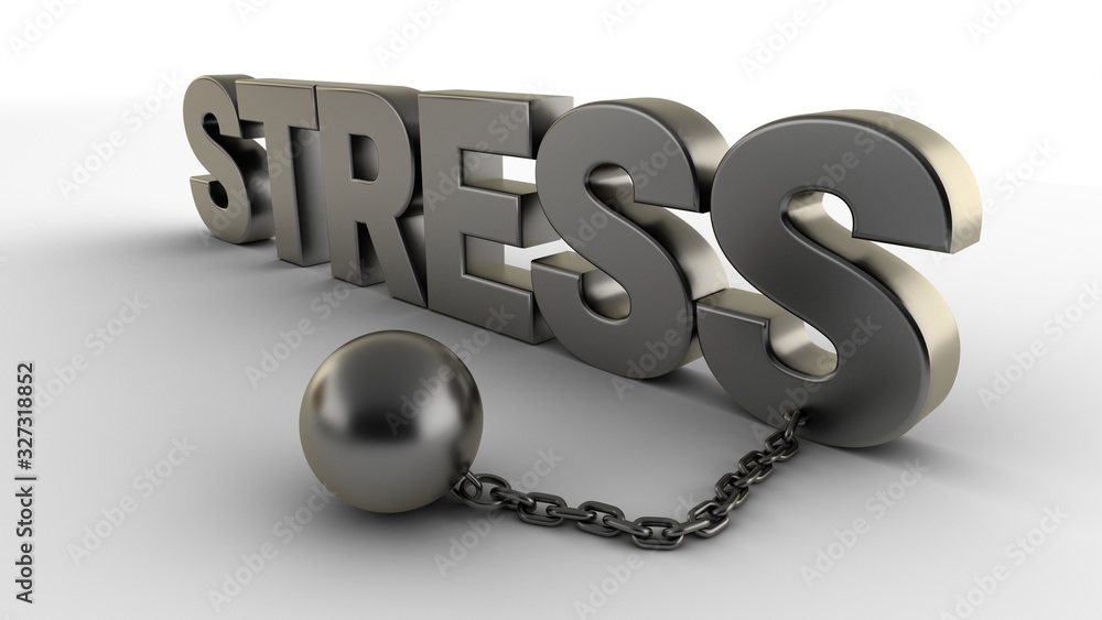 Poster stress text with chain and weight isolated on a white background. 3d-rendering.