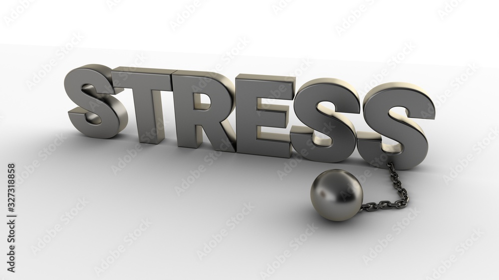 Poster stress text with chain and weight isolated on a white background. 3d-rendering.