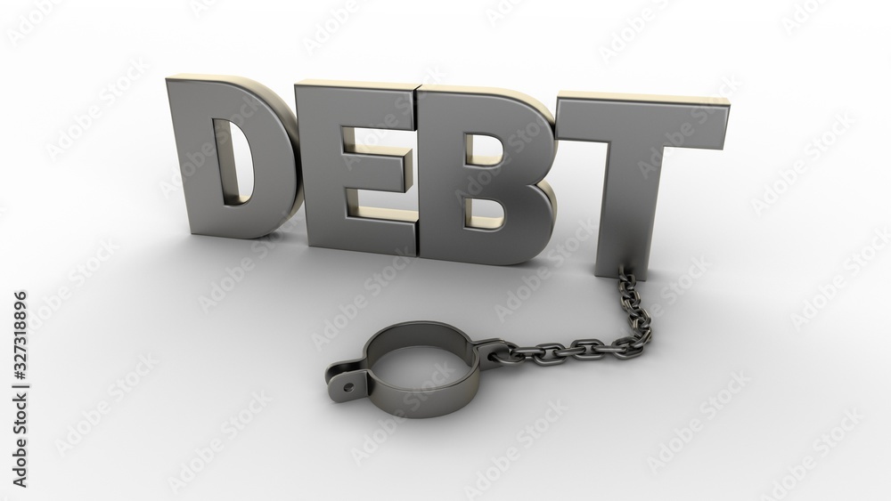 Poster debt text with chain and shackles isolated on a white background. 3d-rendering.