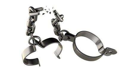 Broken shackles isolated on white background. 3D-rendering.
