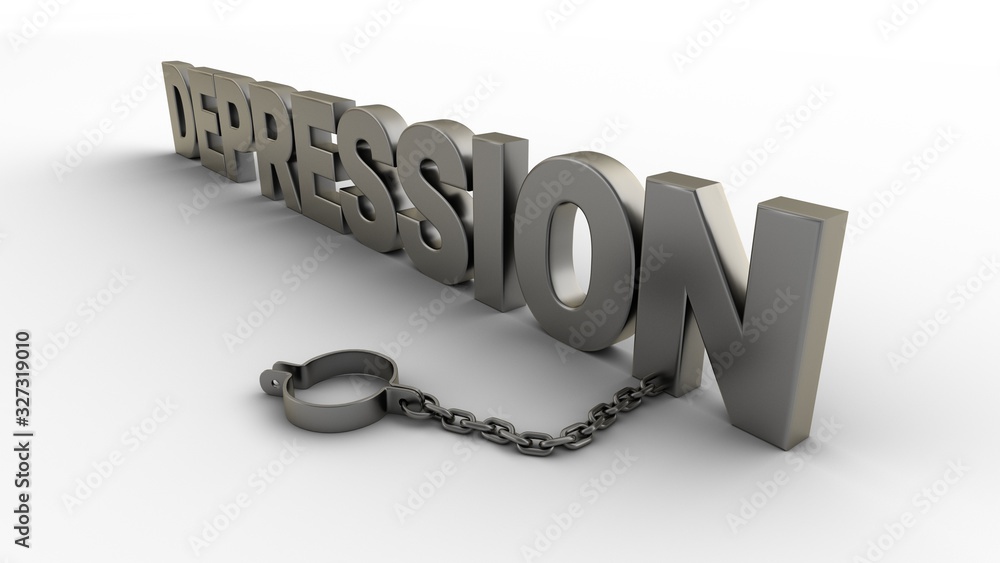 Poster depression text with chain and shackles isolated on a white background. 3d-rendering.