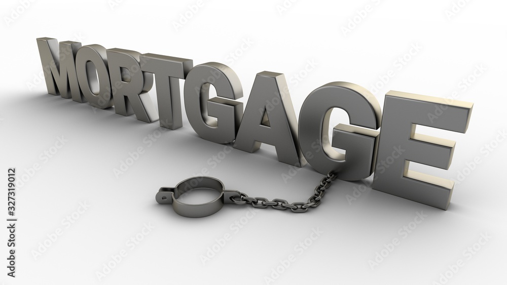 Poster mortgage text with chain and shackles isolated on a white background. 3d-rendering.