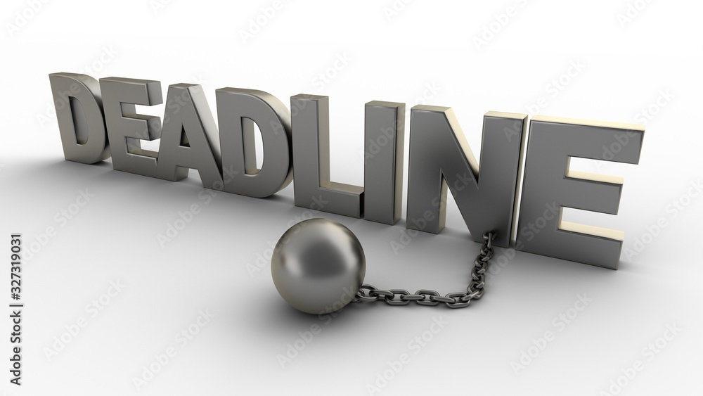 Poster deadline text with chain and shackles isolated on a white background. 3d-rendering.