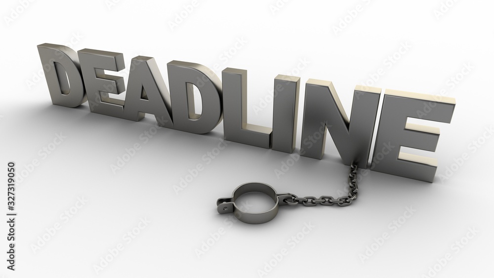 Poster deadline text with chain and shackles isolated on a white background. 3d-rendering.