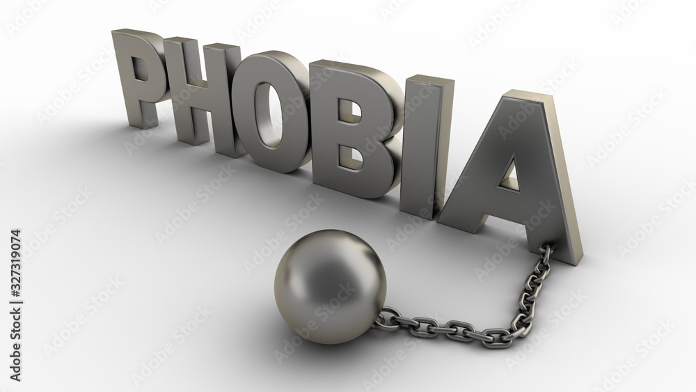 Poster phobia text with chain and weight isolated on a white background. 3d-rendering.