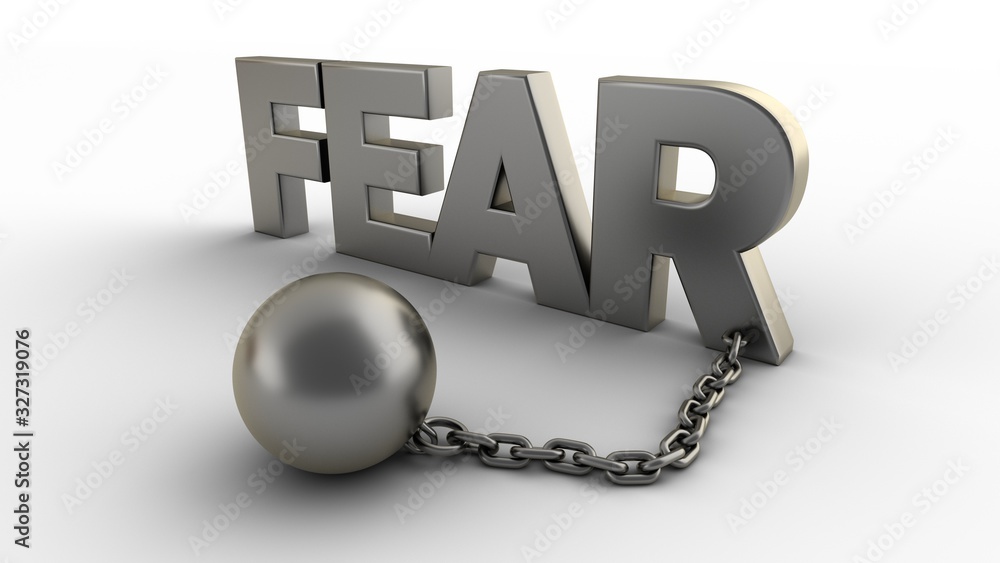 Poster fear text with chain and shackles isolated on a white background. 3d-rendering.