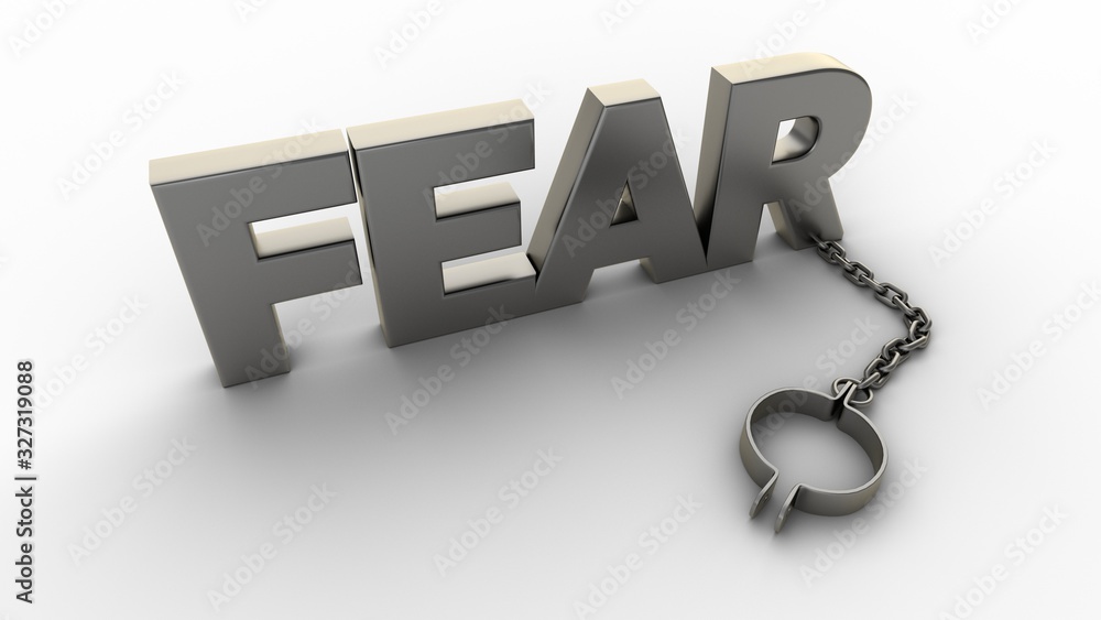 Poster fear text with chain and shackles isolated on a white background. 3d-rendering.