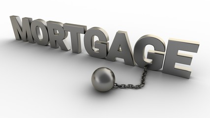 Mortgage text with chain and shackles isolated on a white background. 3D-rendering.