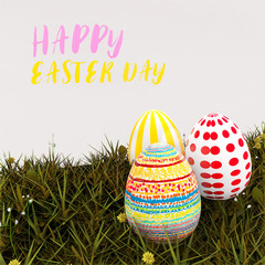 Group of colorful easter eggs on green grass with text.