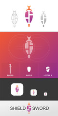 Concept shield sword logo. The icon features 3 key elements, S letter,  Sword, Shield. S monogram. Knights symbols. Vector logotype design preview.