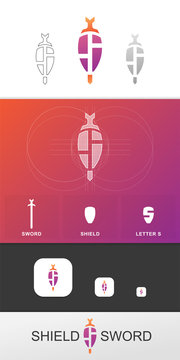 Concept Shield Sword Logo. The Icon Features 3 Key Elements, S Letter,  Sword, Shield. S Monogram. Knights Symbols. Vector Logotype Design Preview.