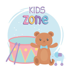 kids zone, teddy bear elephant drum and toys