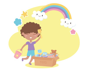 kids zone, cute little boy with shovel bucket and box toys