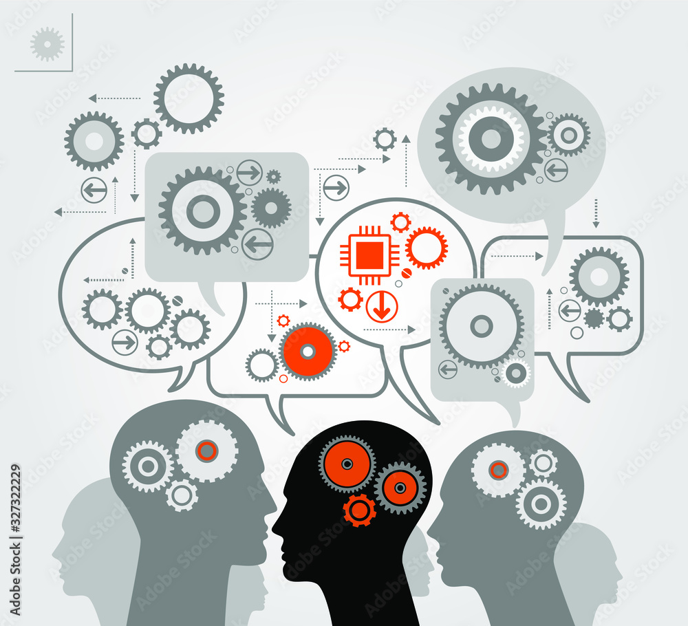 Poster ilhouettes of people's heads with gears and speech bubbles. teamwork of people. the file is saved in
