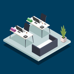 Modern office room isometric color vector illustration. University computer class. Corporate manager, employee workplace. Public library desks with laptops 3d concept isolated on blue background
