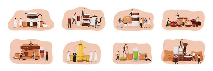 Coffee culture flat concept vector illustration set. Dallah set. Matcha latte. Patisserie with desserts. People drinking espresso 2D cartoon characters for web design. Coffeeshop creative idea