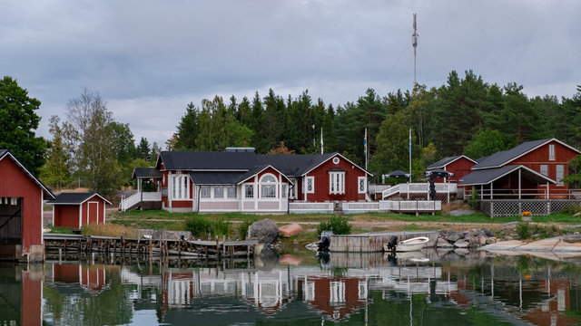 Finland, Aland Islands, Lappo, Lappo island on the archipelago of the Aland Islands in the very south of Finland. panoramic view of the city center, a beautiful wooden house by the sea