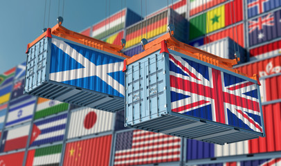 Freight container with Italy and United Kingdom flag. 