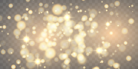 Golden particles glow light effect. Glowing yellow powder splash circles. abstract gold bokeh luxury background. Magic mist glowing on Transparent background.