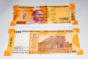 New Indian currency of 200 rupee notes.
