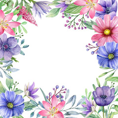 Watercolor Floral Frame. Purple, Blue and Pink Wildflowers with Leaves on a White Background. Hand Drawn Illustration  perfect for Invitations, Postcards and Prints