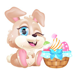 Cute winking Easter hare kawaii cartoon vector character. Adorable and funny animal Pascha symbol isolated sticker, patch. Anime baby rabbit sitting with eggs festive basket emoji on white background