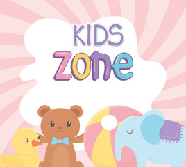 kids zone, teddy bear duck plastic ball and elephant toys
