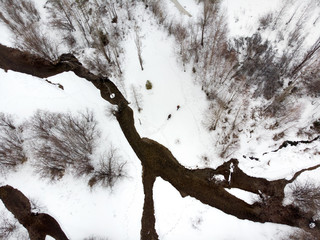 Couple of tourist in the mountains aerial shot