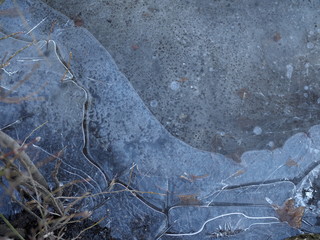 Close up view of frozen water in the puddle on the street. Caution, very slippery surface. Natural background.
