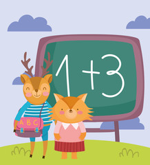 Fototapeta premium back to school, fox deer with bag and chalkboard outdoor